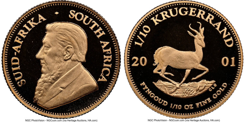 Republic gold Proof 1/10 Krugerrand (1/10 oz) 2001 PR70 Ultra Cameo NGC, KM105. ...