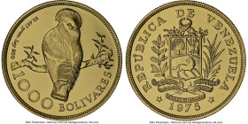 Republic gold "Cock of the Rocks" 1000 Bolivares 1975 MS69 NGC, KM-Y48.1. Detailed wings variety. Mintage: 5,047. Conservation series. Accompanied by ...