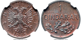 Zog I bronze Prova Qindar Ar 1935-R MS65 Red and Brown NGC, Rome mint, KM-PR40. Ember red and seafoam provide a backlight on this pristine trial-strik...
