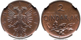 Zog I bronze Prova 2 Qindar Ari 1935-R MS64 Brown NGC, Rome mint, KM-Pr41, Pag-827. Seldom encountered in Prova format. There is precision detail in t...