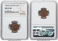 Zog I 5 Qindar Leku 1926-R MS67 Red and Brown NGC, Rome mint, KM1. Boldly lustered, draped in sienna and chestnut. HID09801242017 © 2024 Heritage Auct...