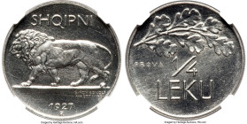 Zog I nickel Prova 1/4 Leku 1927-R MS65 NGC, Rome mint, KM-Pr17, Pag-824. Fully brilliant, struck in magnetic pure nickel with die polish lines contri...