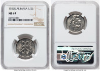 Zog I 1/2 Lek 1926-R MS67 NGC, Rome mint, KM4. Superbly lustered with subtle yet attractive toning that amplifies the crisp strike. Tied for the fines...
