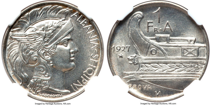 Zog I silver Prova Frang Ar 1927-V MS64 NGC, Vienna mint, KM-PR20. Possessing pr...