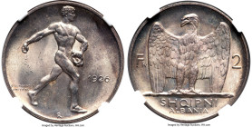 Zog I 2 Franga Ari 1926-R MS66 NGC, Rome mint, KM7. Struck in a way that maximizes the appeal of the cascading luster. Subtle hues of pink and blue ad...