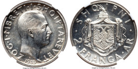 Zog I Specimen 2 Franga Ari 1935-R SP65 NGC, Rome mint, KM17. A glamorous Specimen striking with a virtually flawless appearance. Quite rare and unsur...