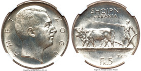Zog I 5 Franga Ari 1926-R MS65+ NGC, KM8.1. No star variety. Largely untoned, leaving a remarkably satiny visual texture on this Gem piece that breaks...