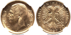 Zog I gold 10 Franga Ari 1927-R MS64 NGC, Rome mint, KM9, Fr-3. Mintage: 6,000. Charitable satin adorns the surfaces that exhibit evidence of planchet...
