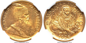 Zog I gold "Prince Skanderbeg" 20 Franga Ari 1926-R MS65 NGC, Rome mint, KM12, Fr-4. Mintage: 5,900. A bright, goldenrod patina and satiny surfaces hi...
