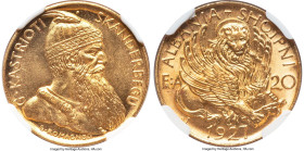 Zog I gold "Prince Skanderbeg" 20 Franga Ari 1927-V MS66 NGC, Vienna mint, KM12, Fr-6. Mintage: 5,053. Really attractive in hand, especially the velve...
