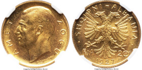 Zog I gold 20 Franga Ari 1927-R MS63 NGC, Rome mint, KM10, Fr-2. Mintage: 6,000. Two-year type. Among the more attainable renditions of Albanian gold,...