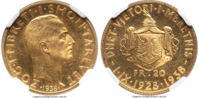 Zog I gold "10th Anniversary of Reign" 20 Franga Ari 1938-R MS64 NGC, Rome mint, KM24, Fr-17. Struck for the 10th anniversary of Zog I's reign. A type...