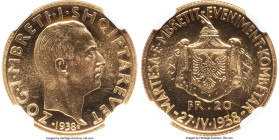 Zog I gold "Royal Wedding" 20 Franga Ari 1938-R MS64 NGC, Rome mint, KM22, Fr-14. Mintage: 2,500. One-year type struck to commemorate the marriage of ...