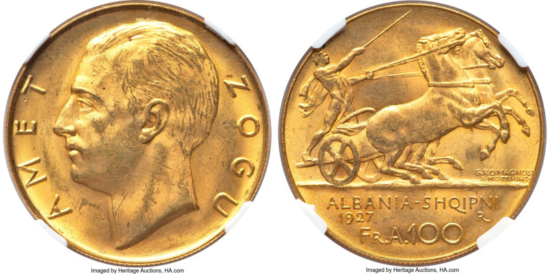 Zog I gold 100 Franga Ari 1927-R MS62 NGC, Rome mint, KM11a.1, Fr-1. Mintage: 5,...