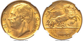 Zog I gold 100 Franga Ari 1927-R MS62 NGC, Rome mint, KM11a.1, Fr-1. Mintage: 5,000. No stars variety. Infused by a fiery golden tone throughout, inte...