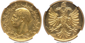 Zog I gold Prova 100 Franga Ari 1928-R MS61 NGC, Rome mint, KM-Pr37, Pag-790. Mintage: 50. By G. Romagnoli. Bust left, within wreath variety. Cherishe...