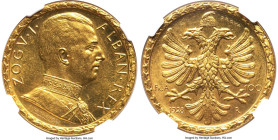 Zog I gold Prova 100 Franga Ari 1928-R MS61 NGC, Rome mint, KM-Pr38, Fr-8, Pag-791. Mintage: 50. Bust right variety. By G. Romagnoli. An iconic inter-...