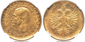 Zog I gold Prova 100 Franga Ari 1929-R MS63 NGC, Rome mint, KM-Pr39, cf. Fr-10, Pag-792. Mintage: 50. By G. Romagnoli. A majestic large-format gold tr...