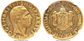 Zog I gold "Royal Wedding" 100 Franga Ari 1938-R MS60 NGC, Rome mint, KM23, Fr-13. Mintage: 500. Struck for the marriage of King Zog to Countess Geral...