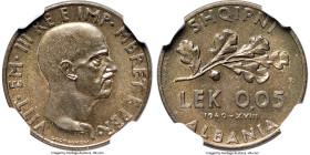 Italian Occupation. Vittorio Emanuele III aluminum-bronze Prova 0.05 Lek 1940-R MS66 NGC, Rome mint, KM-Pr56, Pag-413 (R4). Even more vibrant and with...