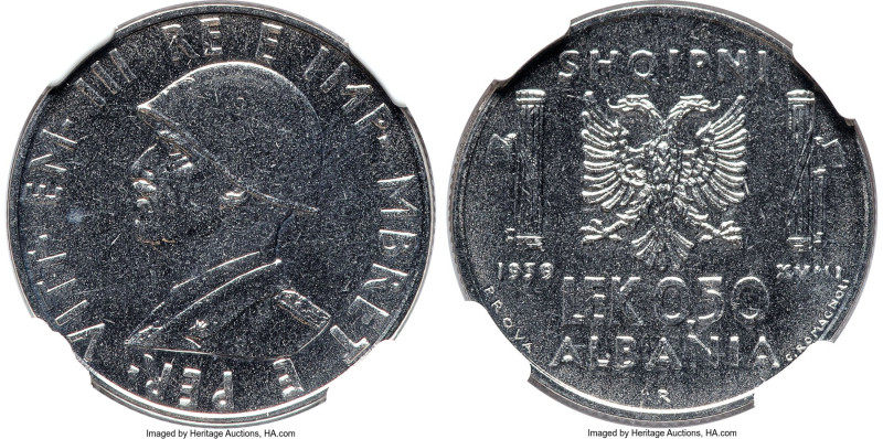 Italian Occupation. Vittorio Emanuele III steel Proof Prova 0.50 Lek 1939-R PR65...