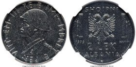 Italian Occupation. Vittorio Emanuele III steel Prova 2 Lek 1939-R MS65 NGC, Rome mint, KM-Pr61, Pag-408. Mintage: 50. Romagnoli's war-ready design wa...