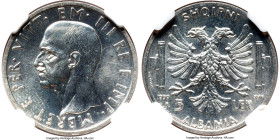 Italian Occupation. Vittorio Emanuele III silver Proof Prova 5 Lek 1939-R PR65 NGC, Rome mint, KM-Pr62, Pag-407 (R4). Exceedingly scarce, graded at Ge...