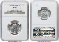 Italian Occupation. Vittorio Emanuele III 5 Lek 1939-R MS63 NGC, Rome mint, KM33. Really sharp details enliven the Italianate motifs. Ex. Heritage Auc...