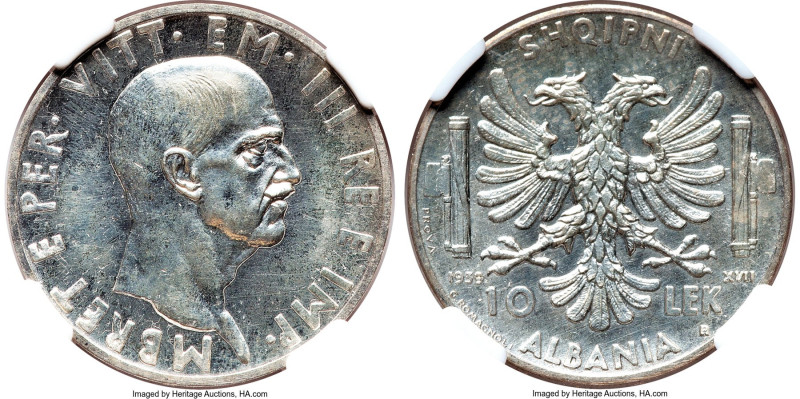 Italian Occupation. Vittorio Emanuele III silver Proof Prova 10 Lek 1939-R PR62 ...