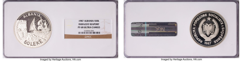 People's Socialist Republic silver Proof "Durazzo Seaport" 50 Leke 1987 PR68 Ult...