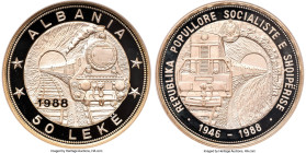 People's Socialist Republic silver Proof Piefort "Railroad Anniversary" 50 Leke 1988 PR68 Ultra Cameo NGC, Budapest mint, KM-P1. 42nd Anniversary of t...