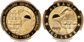 People's Socialist Republic gold Proof "Railroad Anniversary" 100 Leke 1988 PR70 Ultra Cameo NGC, Budapest mint, KM63, Fr-26. Mintage: 2,000. Commemor...