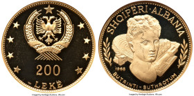 People’s Socialist Republic gold Proof "Buthrotum Ruins" 200 Leke 1968 PR64 Ultra Cameo NGC, KM55.1, Fr-19. Mintage: 2,170. Massive in scale and impre...