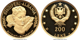People's Socialist Republic gold Proof "Buthrotum Ruins" 200 Leke 1970 PR68 Ultra Cameo NGC, KM55.3, Fr-19. Fineness countermark on reverse. A feast f...