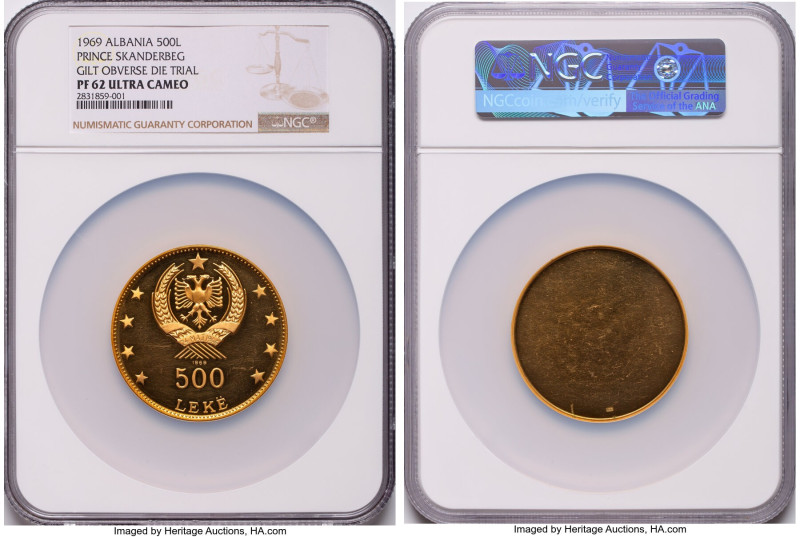People's Socialist Republic gilt Proof Obverse Die Trial "Prince Skanderbeg" 500...