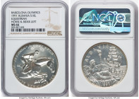 Republic silver "Equestrian - Horse & Rider Right" 10 Leke 1991 MS66 NGC, KM68. Reclining woman and ship variety. Celebrating the equestrian event at ...