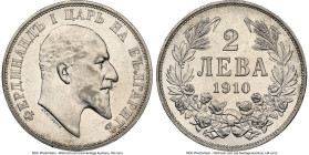 Ferdinand I 2 Leva 1910 AU58 NGC, Vienna mint, KM29, Nikolov-30. A distinctly choice example for the assigned grade, displaying beautiful icy white lu...