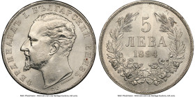 Ferdinand I 5 Leva 1894-KB MS62 NGC, Kremnitz mint, KM18, Nikolov-19, Dav-61. A meaningful Crown-sized emission that is of paramount importance to col...