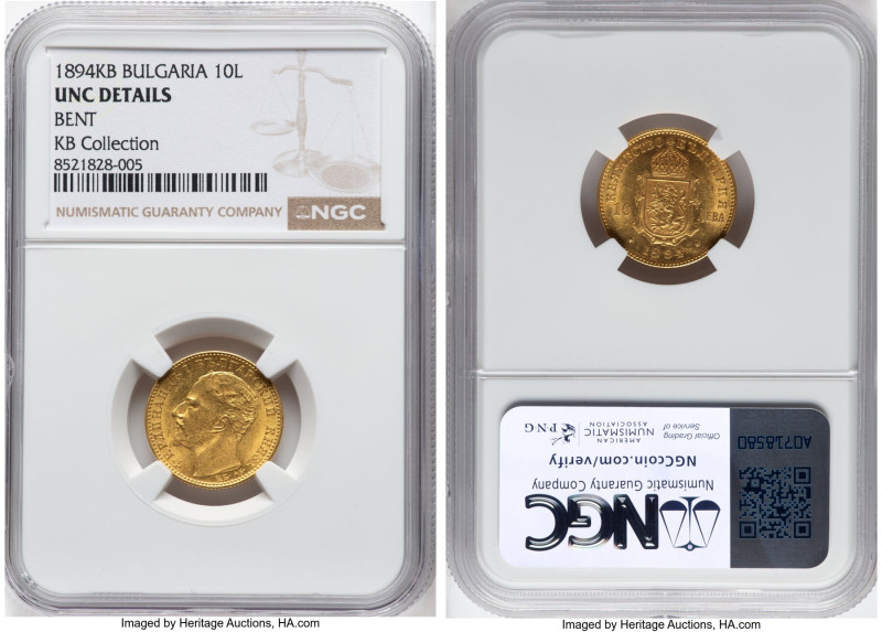 Ferdinand I gold 10 Leva 1894-KB UNC Details (Bent) NGC, Kremnitz mint, KM19, Fr...