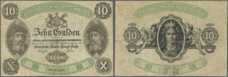 Württemberg: Königreich Württemberg 10 Gulden 1871, P.S845, diverse Knicke und F...