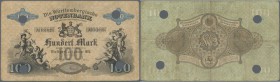 Württemberg: Württembergische Notenbank 100 Mark 1875, Ro.WTB 7 mit Entwertungslöchern, stärker gebrauchte Umlauferhaltung mit diversen Knicken, klein...
