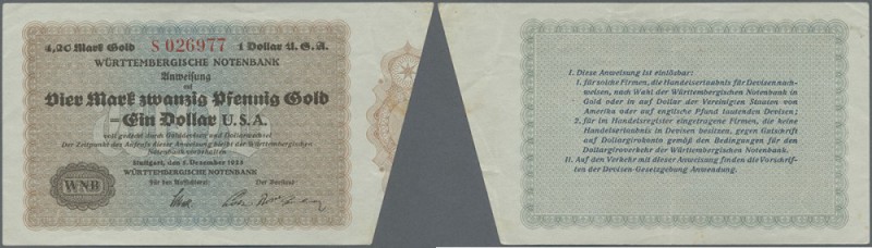 Württemberg: Württembergische Notenbank 4,20 Mark Gold = 1 Dollar 1923, Ro.WTB 2...