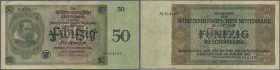 Württemberg: Württembergische Notenbank 50 Reichsmark 1924, Ro.WTB 27b, stärker gebrauchte Umlauferhaltung mit diversen Knickstellen, kleiner Einriss ...