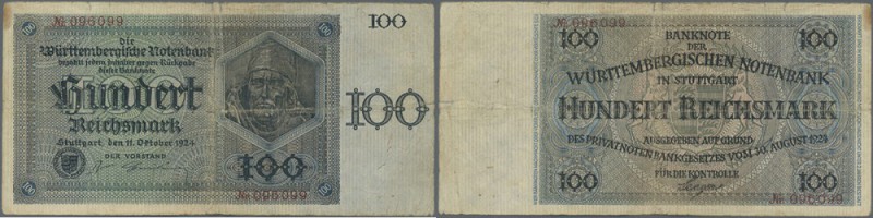 Württemberg: Württembergische Notenbank 100 Reichsmark 1924, Ro.WTB 28b, stark g...