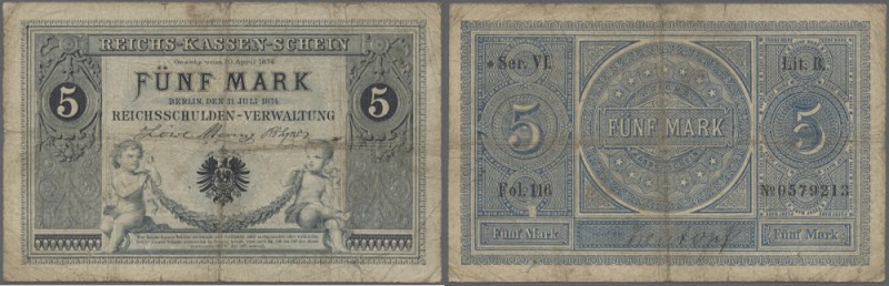 Deutsches Reich: 5 Mark 1874, Ro.1, stark gebraucht mit diversen kleinen Einriss...