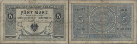 Deutsches Reich: 5 Mark 1874, Ro.1, stark gebraucht mit diversen kleinen Einrissen, kleinen Löchern in der Note, Knicken und Flecken. Erhaltung: VG+ /...