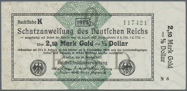 0,42 Mark Gold = 1/10 Dollar 1923, Ro.142a in stärker gebaruchter Erhaltung und ...