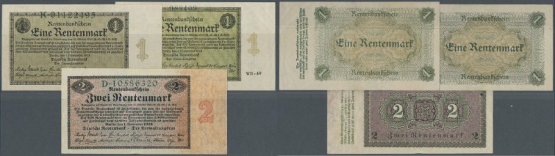 Set mit 3 Banknoten der Rentenbank zu 1 und 2 Rentenmark 1923, dabei Reichsdruck...