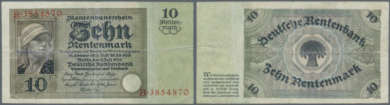 10 Rentenmark, 3.7.1925, Serie B, waagerecht und senkrecht gefaltet, keinerlei E...