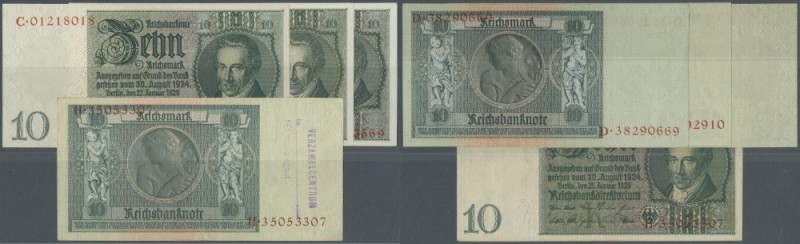 Set mit 4 Banknoten 10 Reichsmark 1929, dabei eine Notausgabe 1945 mit belgische...